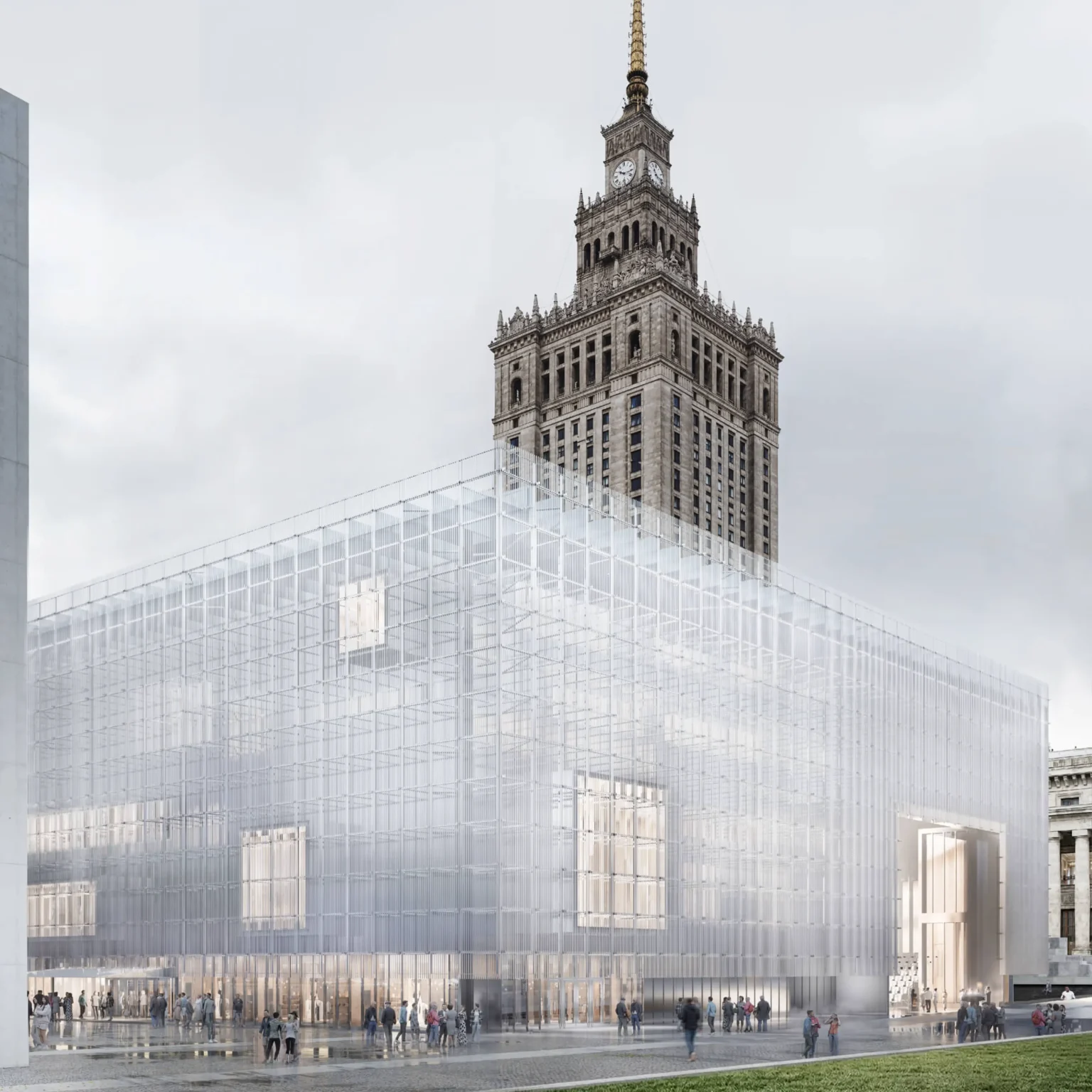 Translucent white building standing in front of the historic Palace of Culture and Science under an overcast sky, with people in the plaza