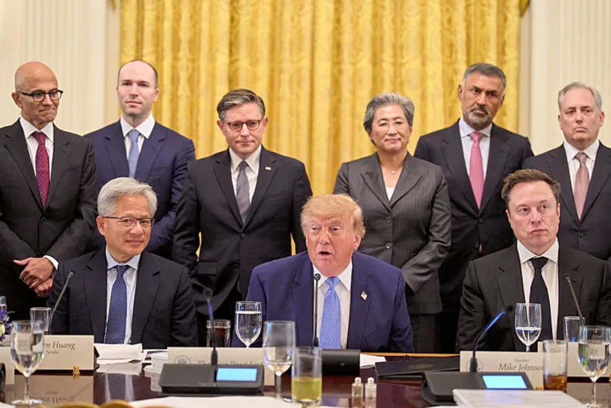 TruDonald Trump sits at a conference table surrounded by tech executives and government officials, including Jensen Huang, Elon Musk, Satya Nadella, and Mike Johnson