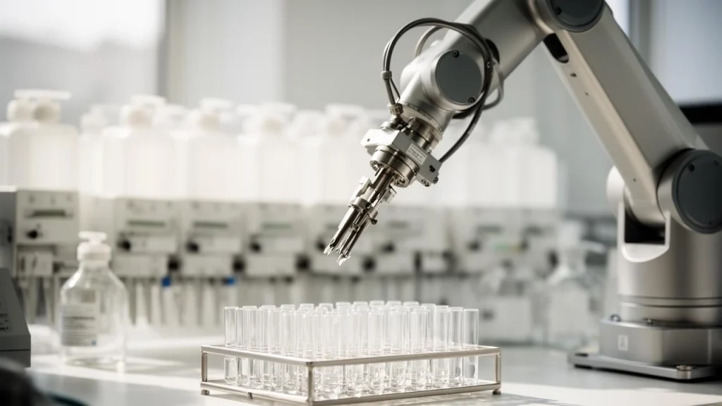 Robotic laboratory arm precisely positioning tools above a rack of clear test tubes in a bright, modern lab