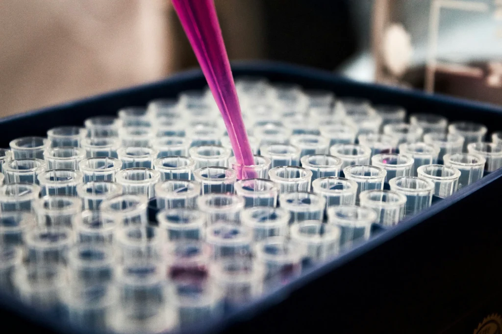 Close-up of a pink pipette tip dispensing liquid into one of many clear plastic test tubes arranged in a laboratory rack