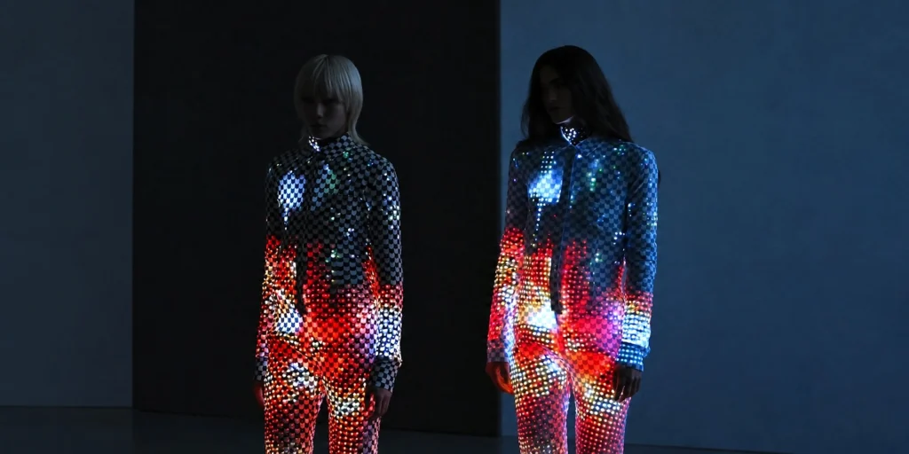 Two models stand side by side in a dark space, wearing matching black-and-white checkered bodysuits covered in reflective sequins that glow with shifting red, blue, and white light patterns.