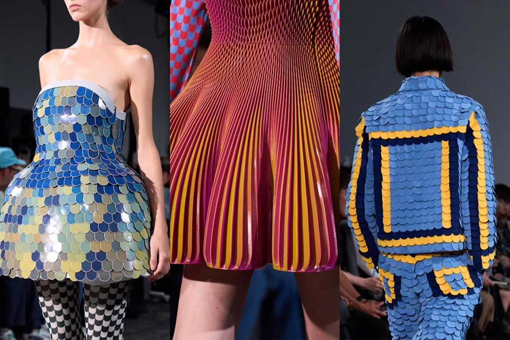 Triptych of Anrealage looks: a blue-and-silver scale-like structured dress, a close-up of a pleated metallic pink-and-orange skirt, and the back of a blue jacket with yellow geometric scale patterns.