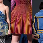 Triptych of Anrealage looks: a blue-and-silver scale-like structured dress, a close-up of a pleated metallic pink-and-orange skirt, and the back of a blue jacket with yellow geometric scale patterns.