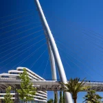 Low-angle daytime view of the tall white pylon and stay cables rising above the bridge deck, with palm trees and a curved modern building in the background