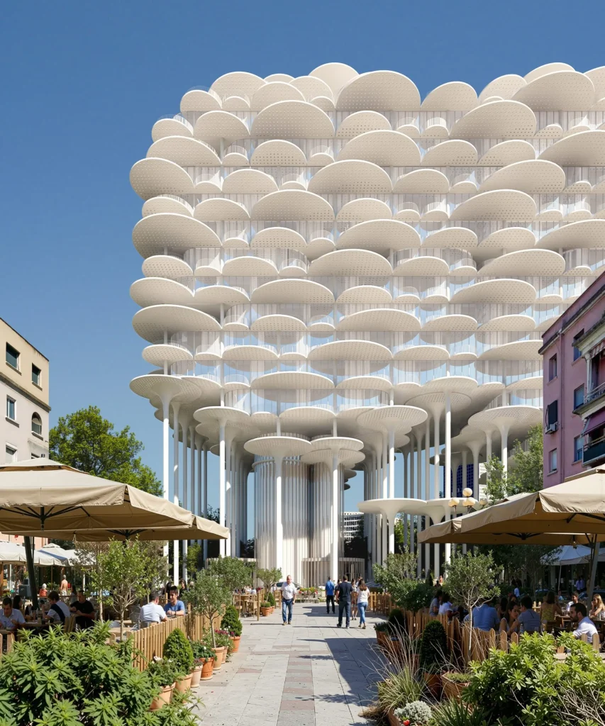 Street-level perspective of the layered perforated white disks rising above outdoor cafés and pedestrians