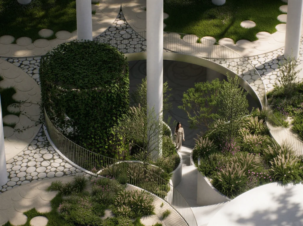 Overhead view of curved garden paths, planting beds and columns with a person walking through the landscape