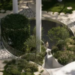 Overhead view of curved garden paths, planting beds and columns with a person walking through the landscape