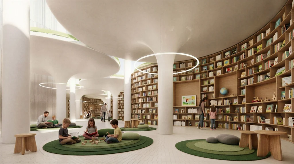 Interior of a children’s library with curved white ceilings, bookshelves and young readers on green circular rugs