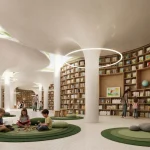 Interior of a children’s library with curved white ceilings, bookshelves and young readers on green circular rugs