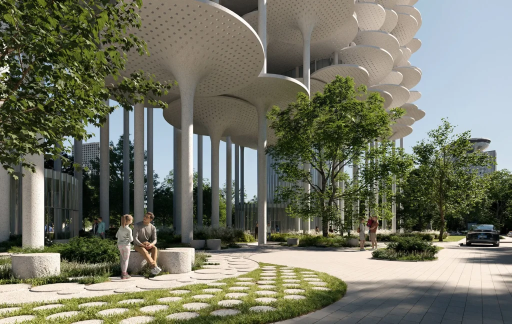 View beneath the raised structure showing columns, trees, seating and people in the shaded public realm