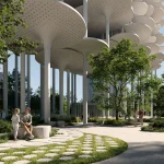View beneath the raised structure showing columns, trees, seating and people in the shaded public realm