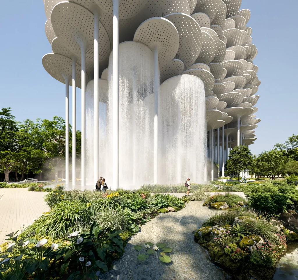 Cascading water features falling from the elevated volume into a planted landscape with visitors nearby