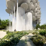Cascading water features falling from the elevated volume into a planted landscape with visitors nearby