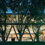 Nighttime exterior of the Agravitas extension illuminated from within, framed by large plane trees, revealing the V-shaped steel columns and glowing glass walls of the elevated gallery.
