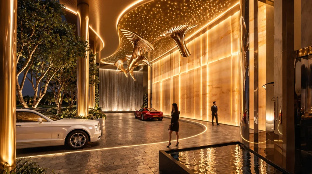 Night-time arrival courtyard with illuminated sculpted ceiling, water wall, golden bird sculptures and luxury cars