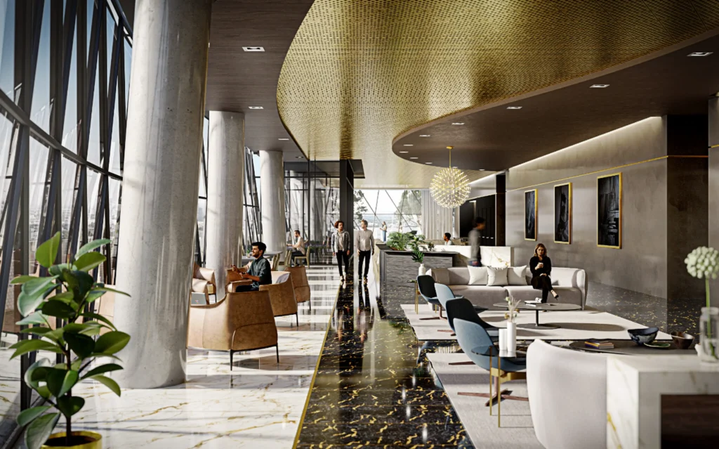 Luxurious multi-level lounge interior with marble floors, large windows, gold perforated ceiling and people seated and walking