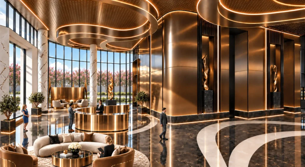 Grand double-height lobby with curved bronze walls, marble columns, reception desk and soft seating