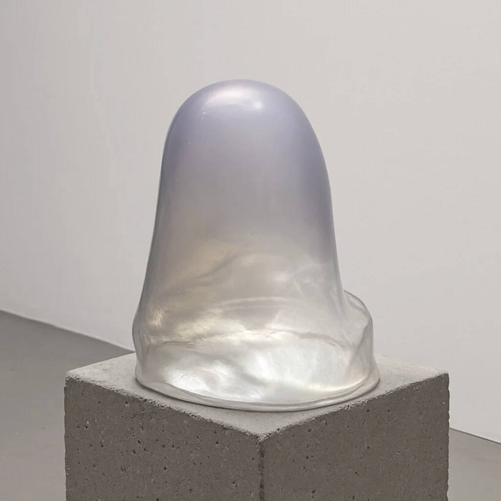 Translucent pearlescent glass form with an organic, rounded shape resting on a grey concrete block against a plain white background