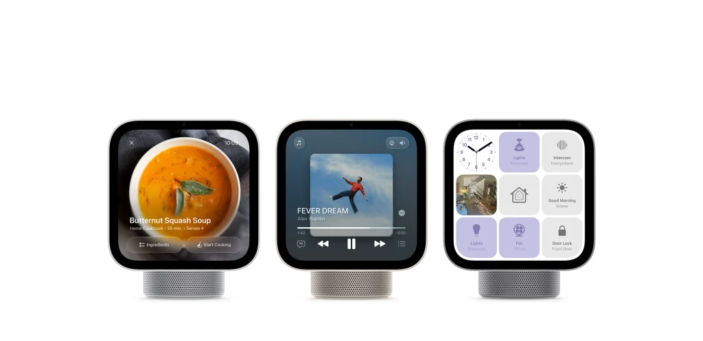 Three Apple HomeView devices displaying a recipe for butternut squash soup, a music player, and a smart home control panel