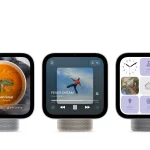 Three Apple HomeView devices displaying a recipe for butternut squash soup, a music player, and a smart home control panel