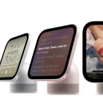 Three Apple HomeView units in different colours displaying podcast, lyrics and album art screens
