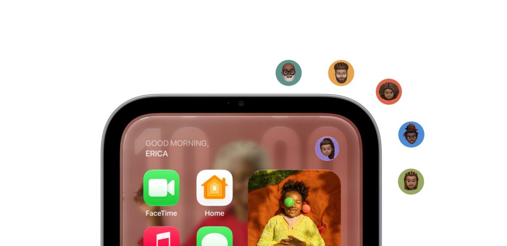 Close-up of a HomeView screen showing a personalized “Good Morning” greeting with app icons and family Memoji