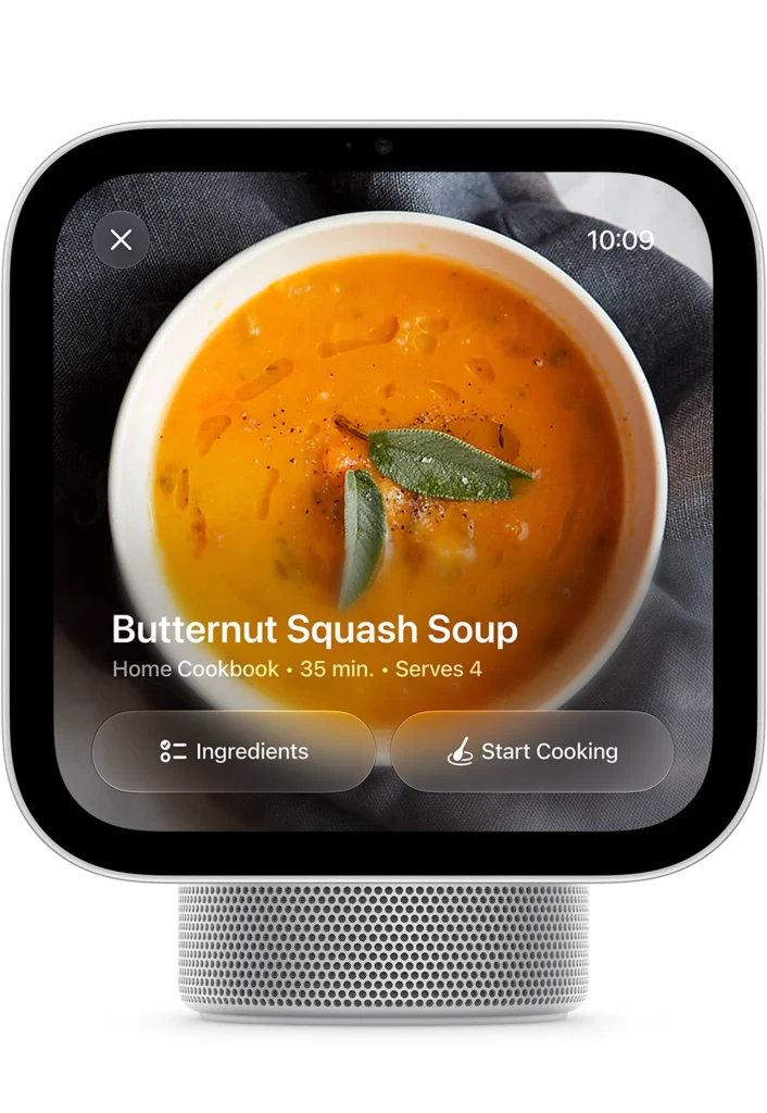Close-up of HomeView displaying a detailed butternut squash soup recipe with cooking controls