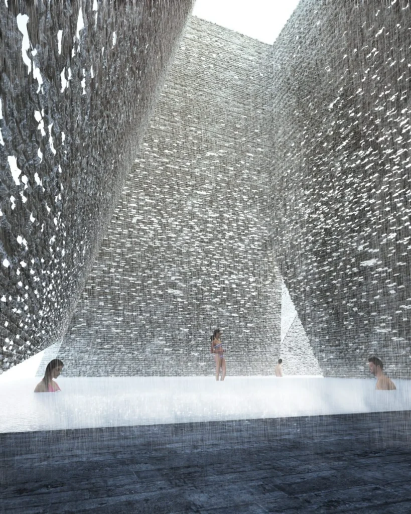 Rain falling heavily inside a high brick courtyard with people standing in shallow water, light filtering through openings in the walls