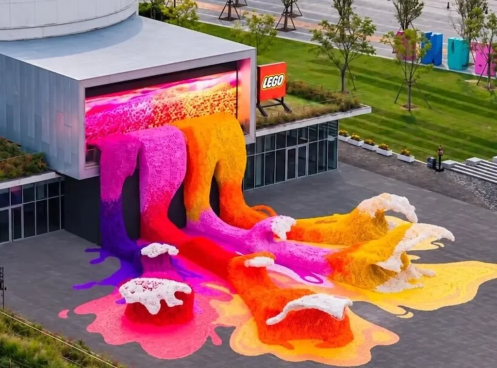 Aerial view of multicoloured LEGO flower waves cascading from the TANK Shanghai building onto the paved plaza