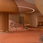 Children playing in a warm terracotta indoor landscape with a scaled dome structure, hanging discs and soft hills