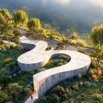 Aerial view of Suseong Continuum by Büro Ole Scheeren, featuring a curved concrete gallery beside a lake