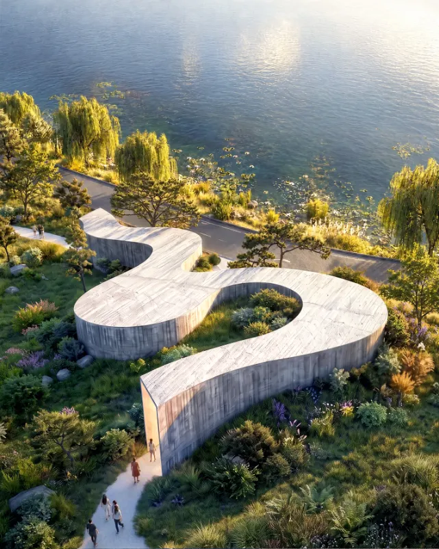 Aerial view of Suseong Continuum by Büro Ole Scheeren, featuring a curved concrete gallery beside a lake