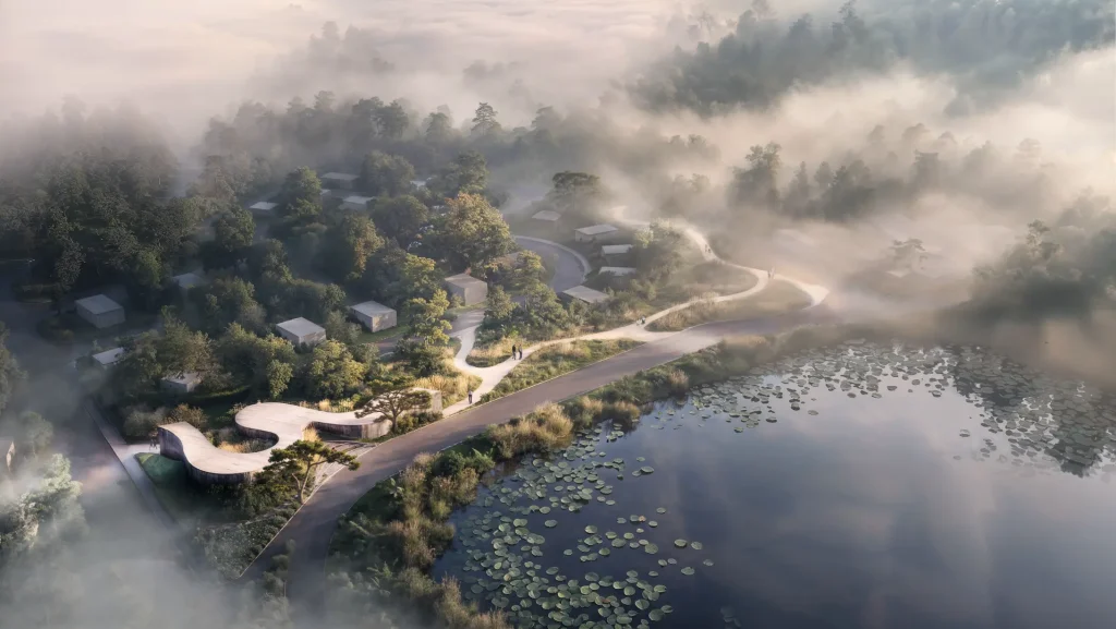 Suseong Continuum by Büro Ole Scheeren, set within a misty forest landscape and lakeside pathways