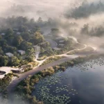 Suseong Continuum by Büro Ole Scheeren, set within a misty forest landscape and lakeside pathways