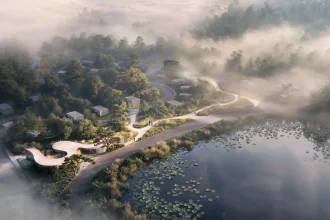 Suseong Continuum by Büro Ole Scheeren, set within a misty forest landscape and lakeside pathways