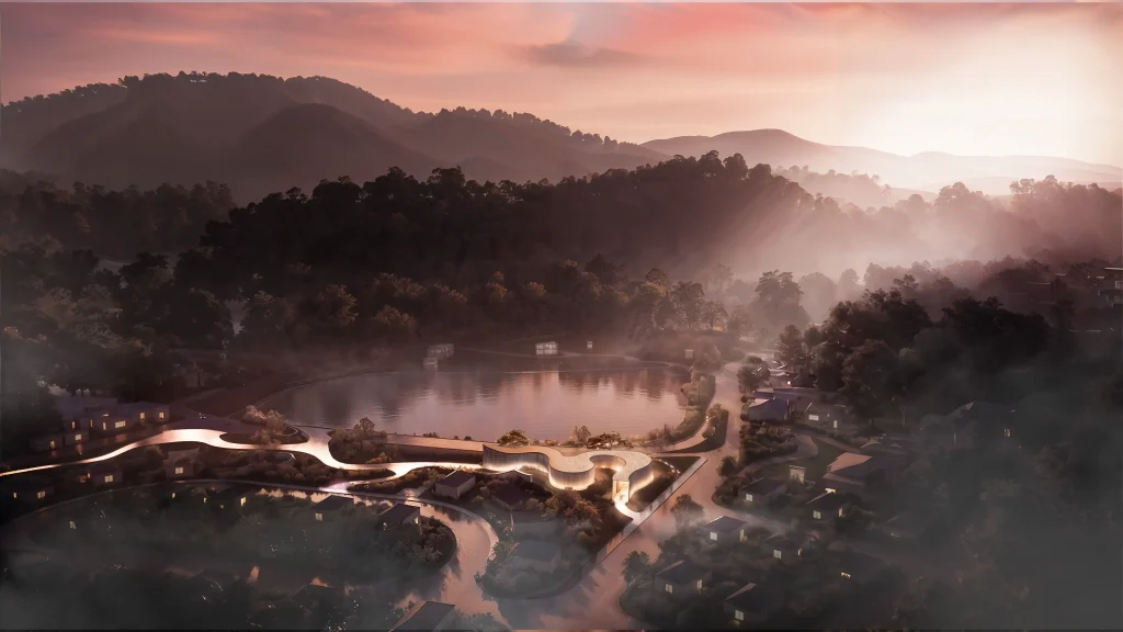 Sunset aerial rendering of Suseong Continuum by Büro Ole Scheeren, surrounded by forested hills