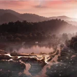 Sunset aerial rendering of Suseong Continuum by Büro Ole Scheeren, surrounded by forested hills