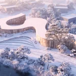 Winter rendering of Suseong Continuum by Büro Ole Scheeren, featuring a snow-covered curved concrete structure