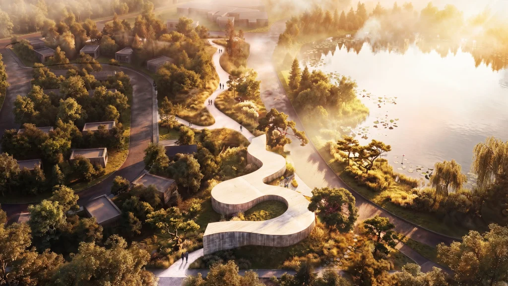 Aerial view of Suseong Continuum by Büro Ole Scheeren, with an organic gallery form extending through the landscape