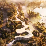 Aerial view of Suseong Continuum by Büro Ole Scheeren, with an organic gallery form extending through the landscape