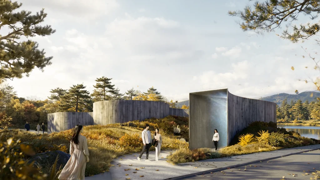 Suseong Continuum by Büro Ole Scheeren, showing textured concrete walls and a gallery entrance within a landscaped garden