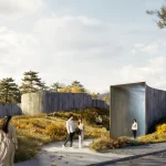 Suseong Continuum by Büro Ole Scheeren, showing textured concrete walls and a gallery entrance within a landscaped garden