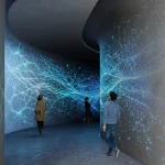 Immersive digital art gallery inside Suseong Continuum by Büro Ole Scheeren, with flowing blue light projections