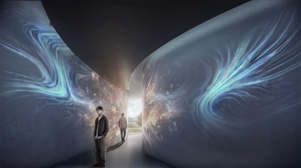 Immersive digital art gallery inside Suseong Continuum by Büro Ole Scheeren, with flowing blue light projections