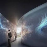 Immersive digital art gallery inside Suseong Continuum by Büro Ole Scheeren, with flowing blue light projections