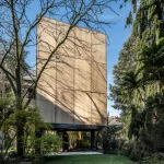 Tall plywood facade of the house raised on dark legs, framed by bare trees and evergreens