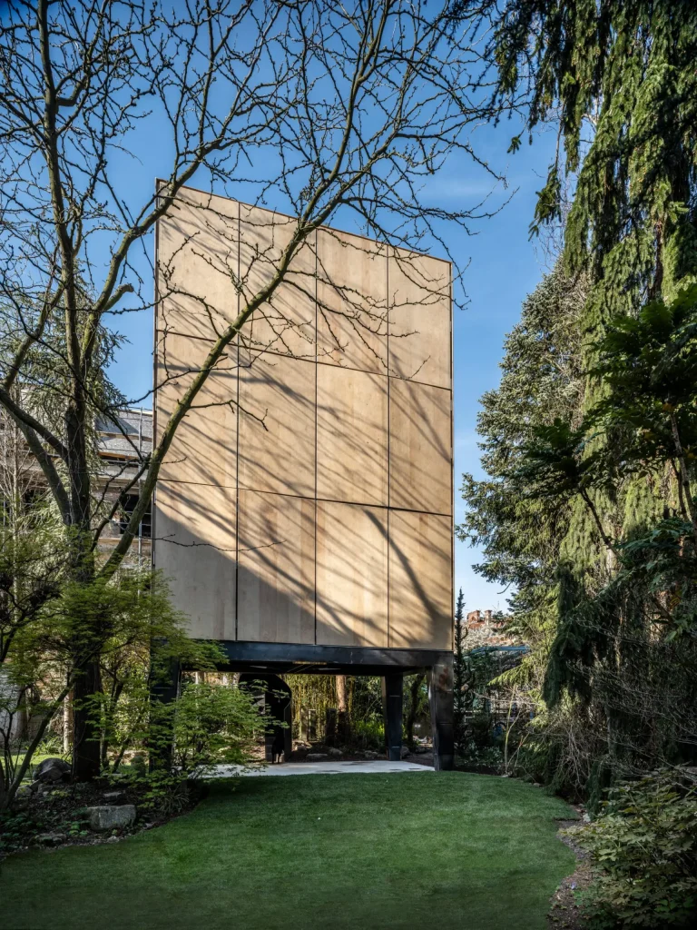 Tall plywood facade of the house raised on dark legs, framed by bare trees and evergreens