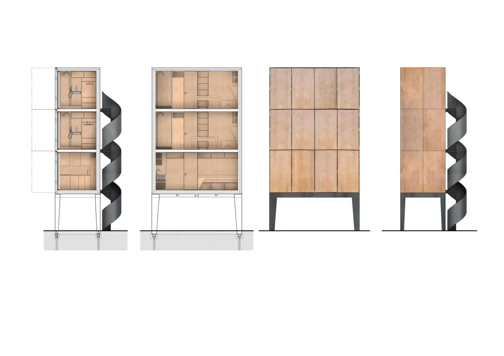 Architectural drawings showing sections, elevations and the spiral stair of Wardrobe House
