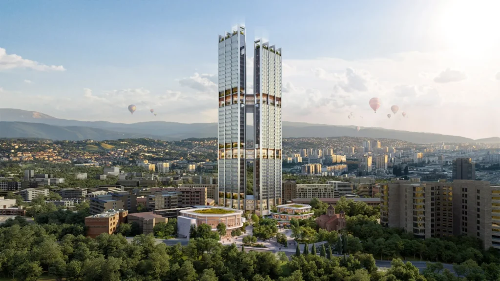 Twin Towers and Three Bridges: Foster + Partners Reimagines Yerevan’s Center_Aerial rendering of the twin skyscrapers rising above green parkland and the city of Yerevan, with hot-air balloons in the sky