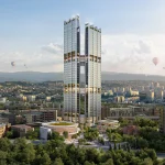Aerial rendering of the twin skyscrapers rising above green parkland and the city of Yerevan, with hot-air balloons in the sky